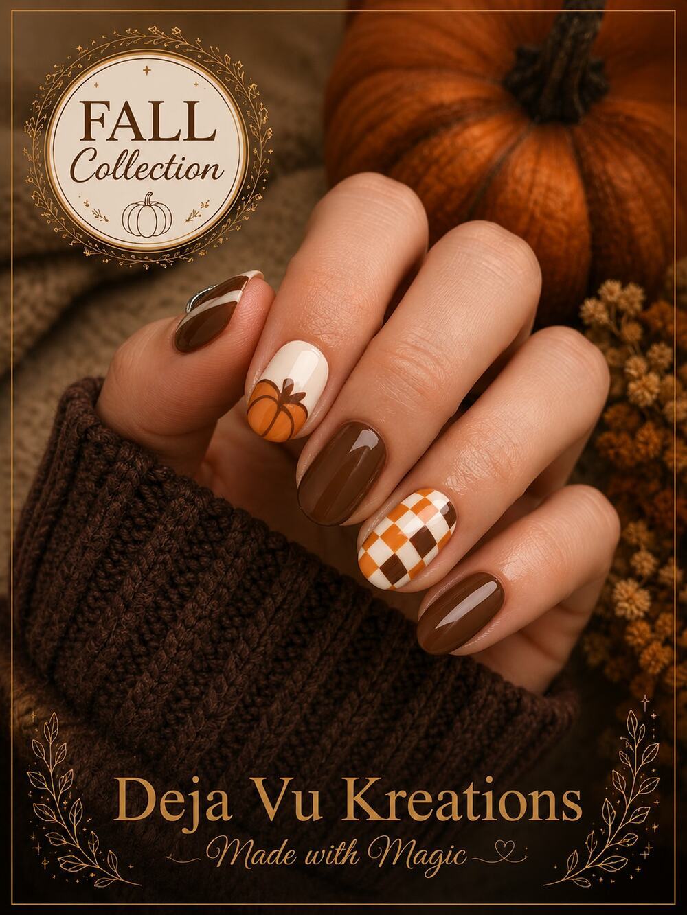 24 Piece Pumpkin Checkered Fall Press On Short Oval Nails